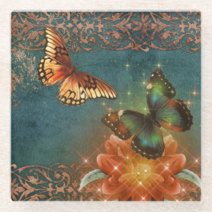 etherische Oranje vlinder op Blauwgroen Glazen Onderzetter