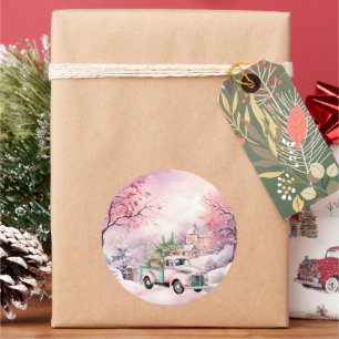 Etherische pastel  roze en groene vrachtwagen ronde sticker