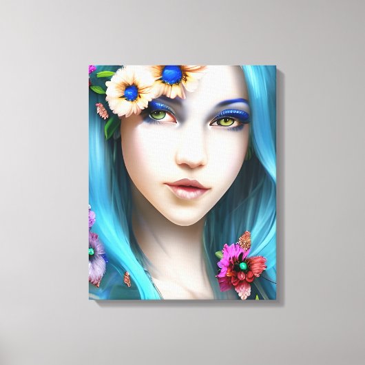 Etherische vrouw met bloemen in haar blauwe haar canvas afdruk (Voorkant)