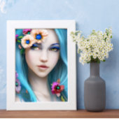 Etherische vrouw met bloemen in haar blauwe haar poster