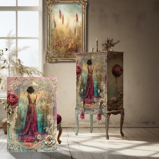 Etherische vrouw, nouveau, gemengde media tissuepapier