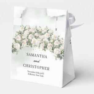 Etherische witte rozen krans groen gouden bruiloft bedankdoosjes