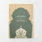 Ethnic Boho Indian Ivory Sage Green Arch Wedding Drieluik Uitnodiging (Cover)
