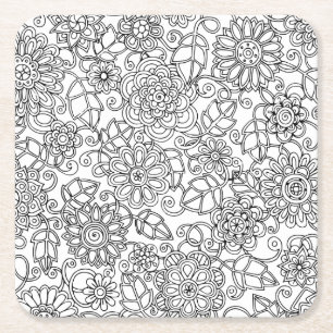 Ethnic Floral Doodle Vierkante Kartonnen Onderzetter