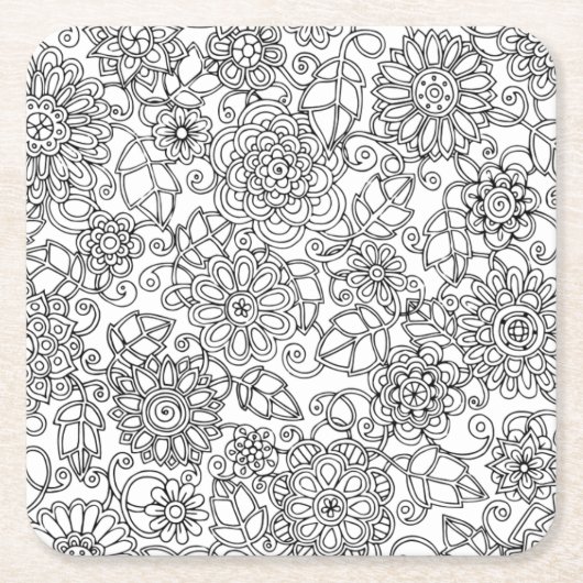 Ethnic Floral Doodle Vierkante Kartonnen Onderzetter (Voorkant)