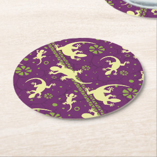 Ethnic Pattern Paars Green Gecko Lizard Print Ronde Kartonnen Onderzetter