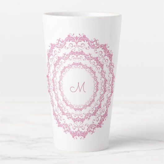 Ethnic Pink Floral Mandala, Monogram. Latte Mok (Voorkant)