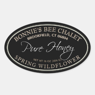 Etiket voor zwarte en goudovale honing met witte r