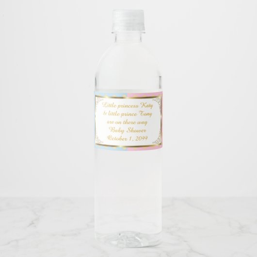Etiket waterfles, Twin baby shower, blauw roze 2 (Voorkant)