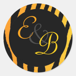 Etiketten met heldergeel oranje zebra-streepmonogr