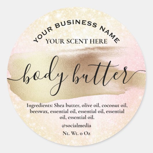 Etiketten op sparkly Gold en roze body Butter (Voorkant)