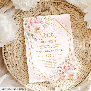 Étincelle Pale Rose Or Peonies Douce 16 Invitation