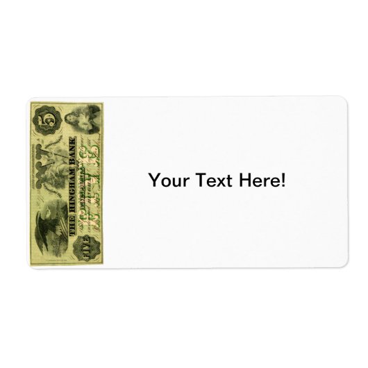 Étiquette 1860 Hingham Massachusetts Note à cinq dollars (Devant)