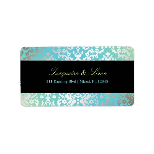 Étiquette 311-Dazzling Damask Turquoise & Lime Black (Devant)