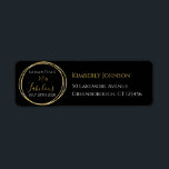Étiquette 50th Birthday Black Gold Birthday Adresse de retou<br><div class="desc">Il s'agit d'une étiquette d'adresse de retour chic et élégante de 50e anniversaire. Ce design élégant est en noir et or classique. Il a le texte, "Samantha's 50 and Fabulous" et la date de célébration, encadré par et élégant cercle d'effet or sur la gauche. Le nom et l'adresse de retour...</div>