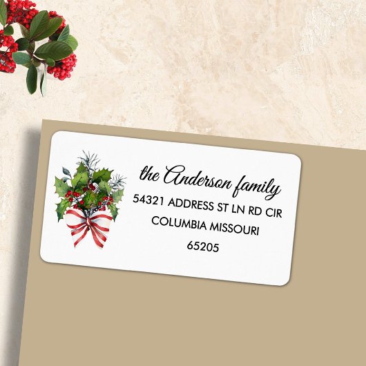 Étiquette 90 Bow, Holly & Red Berries Return Address Label