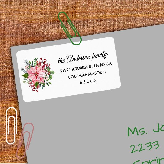 Étiquette 90 Pink Poinsettia Bouquet Return Address Label