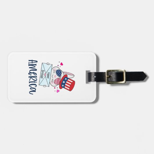 Étiquette À Bagage 4 juillet lapin avec les Etats-Unis Drapeau lunett (Devant horizontal)