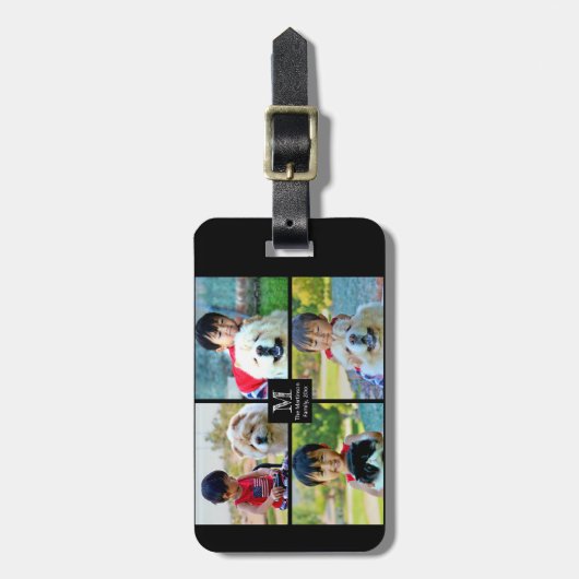 Étiquette À Bagage 4 Photo Collage Customisé avec Monogramme (Devant Vertical)