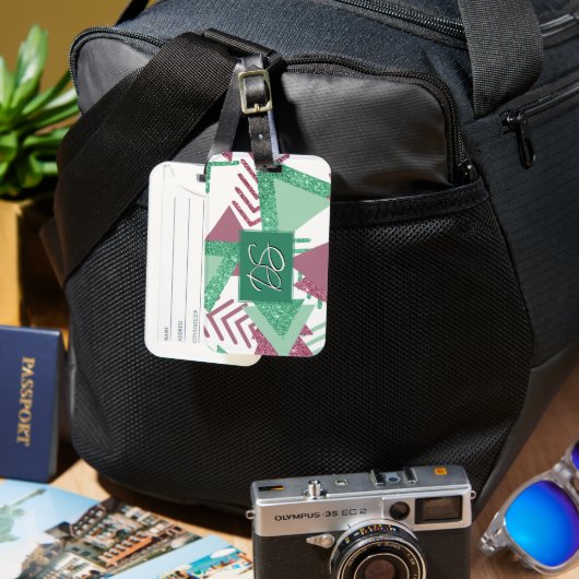 Étiquette À Bagage 80s Abstraits frais | Monogramme rose et vert (Recto & Verso)