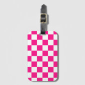 Étiquette À Bagage à damiers carré chaud rose blanc rétro géométrique (Devant Vertical)