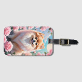 Étiquette À Bagage Adorable Poméranien floraison rose Roses (Devant Horizontal)