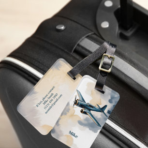 Étiquette À Bagage Aéronefs Nuages bleu et or Aquarelle Élégante