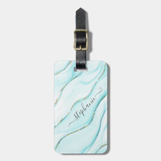 Étiquette À Bagage Agate bleu élégant personnalisé  (Devant Vertical)