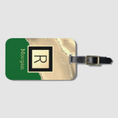 Étiquette À Bagage Agate dorée, boîte noire, nom/monogramme, vert (Devant Horizontal)