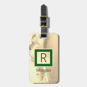 Étiquette À Bagage Agate dorée, nom noir et monogramme, boîte verte