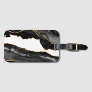 Étiquette À Bagage Agate Marbrée Fausse Pierre Élégante Luxe Noir