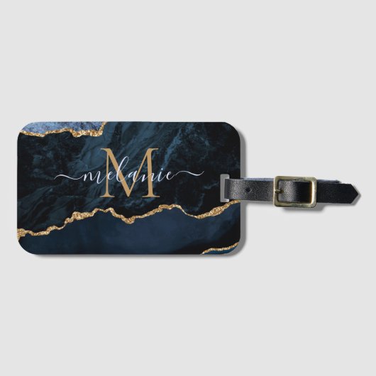 Étiquette À Bagage Agate Marine Blue Gold Gemstone Marble Nom du mono (Devant Horizontal)