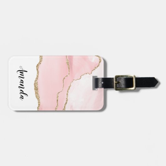 Étiquette À Bagage Agate rose vierge avec ruban or Élégant (Devant horizontal)