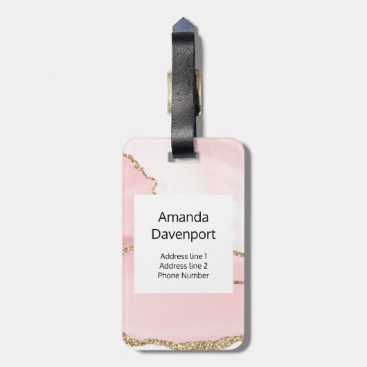 Étiquette À Bagage Agate rose vierge avec ruban or Élégant (Dos Vertical)