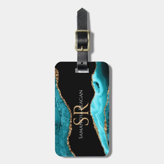 Étiquette À Bagage Agate turquoise Black & Gold, do-it-yourself Nom e (Devant Vertical)