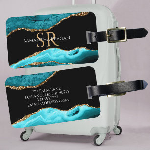 Étiquette À Bagage Agate turquoise Black & Gold, do-it-yourself Nom e