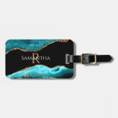Étiquette À Bagage Agate turquoise Noir & Or, Nom & Monogramme, Vs 2 (Devant horizontal)