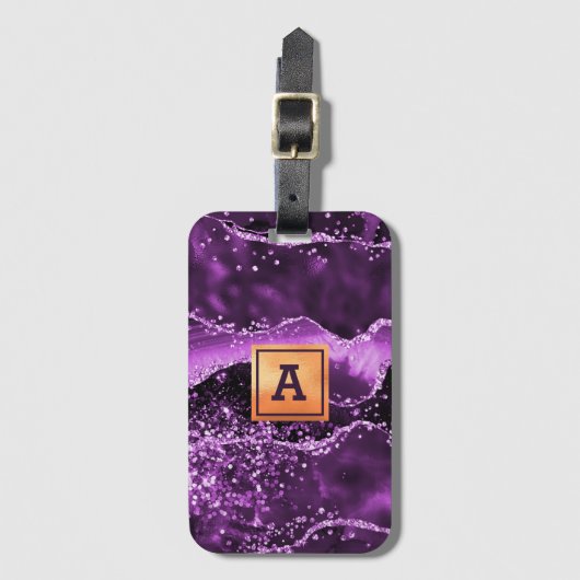 Étiquette À Bagage Agate violet nom de marbre rose or (Devant Vertical)