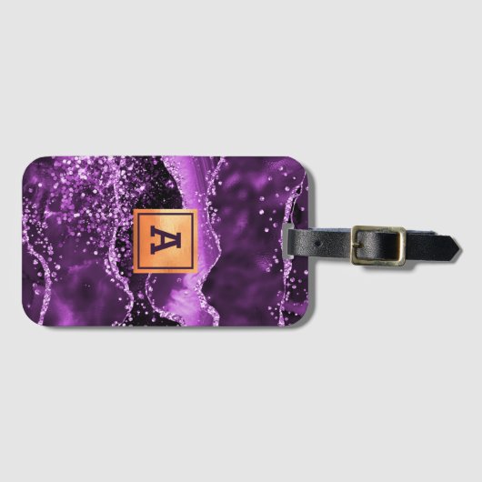 Étiquette À Bagage Agate violet nom de marbre rose or (Devant Horizontal)