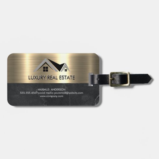 Étiquette À Bagage Agent immobilier | Metallic Gold Marble Business (Devant horizontal)