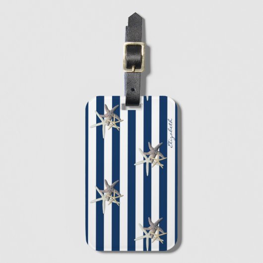 Étiquette À Bagage Aimable Poisson-étoile, Bleu bleu marine rayures p (Devant Vertical)