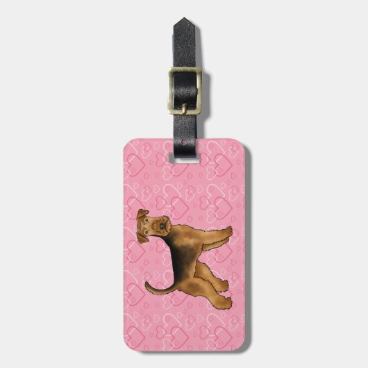Étiquette À Bagage Airedale Terrier Chien Avec Coeurs Rose Et Texte (Devant Vertical)