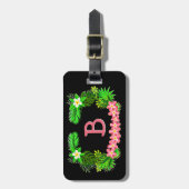 Étiquette À Bagage Ajouter un nom, Fleurs roses vertes tropicales sur (Devant Vertical)