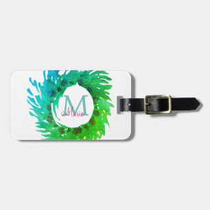 Étiquette À Bagage Ajouter une couronne de Noël vert rose monogramme