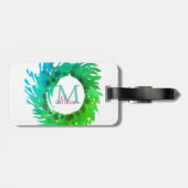 Étiquette À Bagage Ajouter une couronne de Noël vert rose monogramme (Dos horizontal)