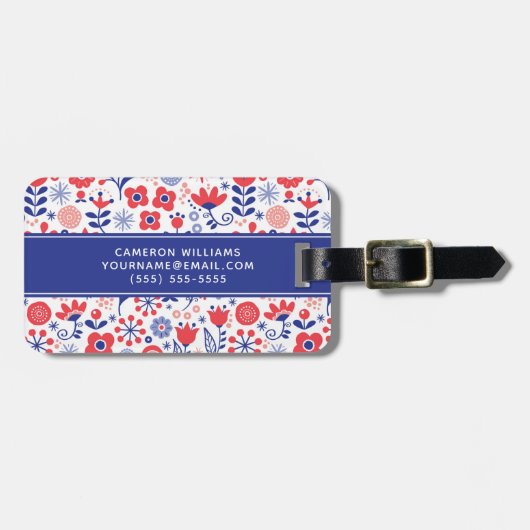 Étiquette À Bagage Ajoutez votre motif floral bleu et de corail nommé (Devant horizontal)