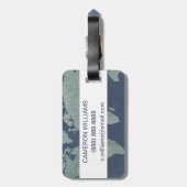 Étiquette À Bagage Ajoutez votre nom | Carte du monde du lin bleu (Dos Vertical)