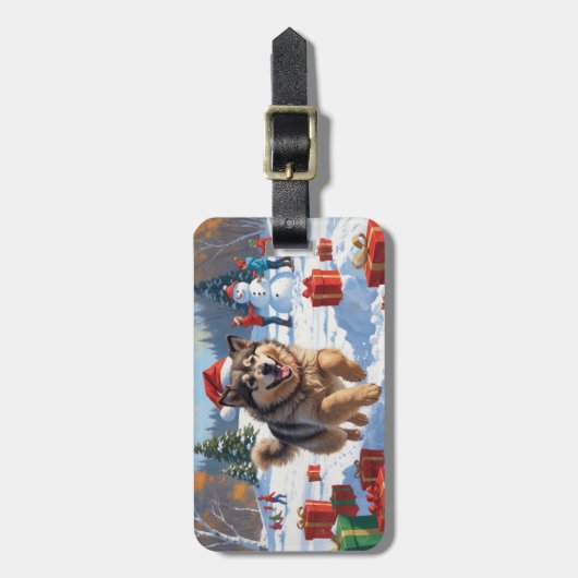 Étiquette À Bagage Alaskan Malamute Noël Festive Scène de neige (Devant Vertical)