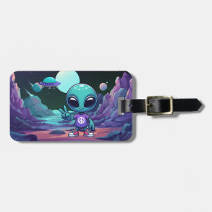 Étiquette À Bagage Alien de paix mignon et vaisseau spatial