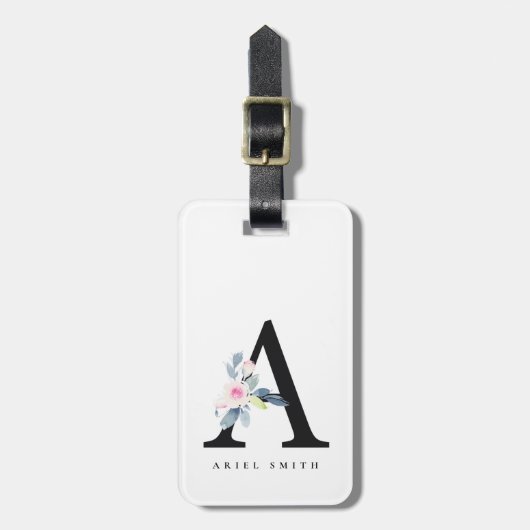 ÉTIQUETTE À BAGAGE ALPHABÈTES FLORAUX BLEUS DOUX NOM LETTRE A (Devant Vertical)